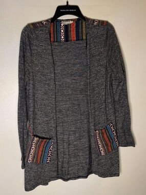 Skonhet Gray Open-Front Cardigan with Multicolor Tribal Trim